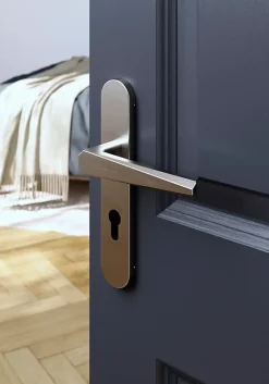 GoodHome Ensemble poignée sur plaque rondcylindre Keri effet nickel satin gris L.140mm x l.42mm entraxe 165-195mm