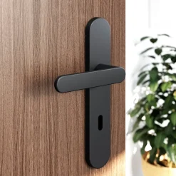 Ensemble poignée sur plaque rond serrure Minzh effet nickel mat noir L.120mm x l.42mm entraxe 165-195mm-GoodHome Clearance