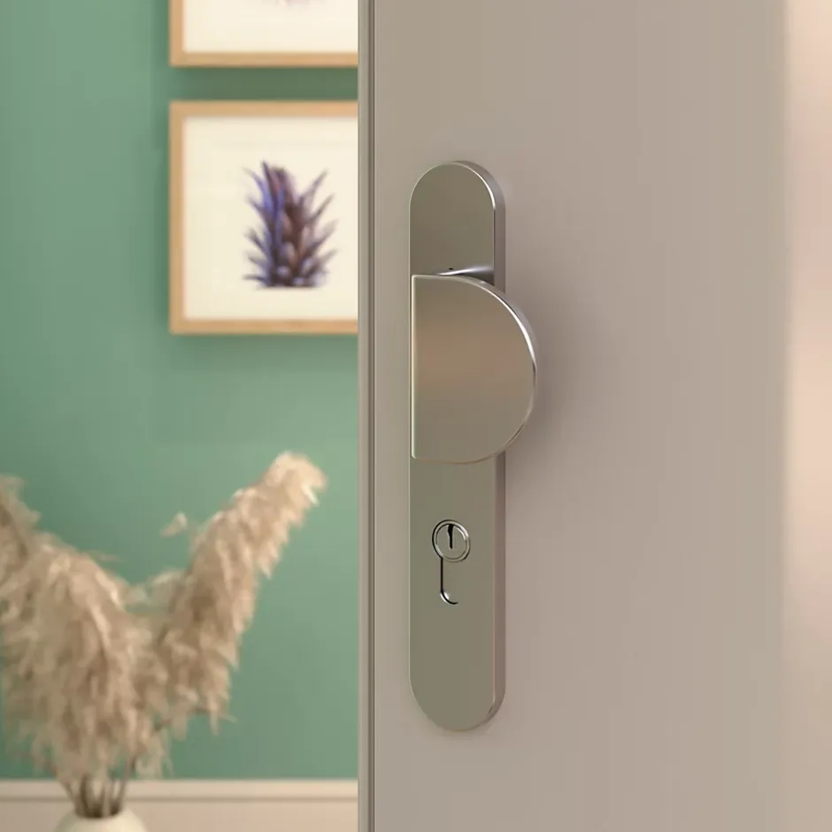 Ensemble poignée sur plaque rond Govlin effet nickel satin gris l.x l.40mm entraxe 195mm-GoodHome