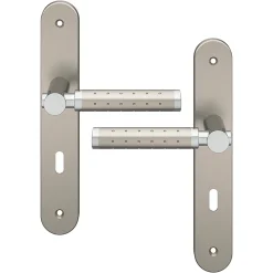 Ensemble poignée sur plaque rond serrure Brigg effet chrome et nickel satin gris L.132mm x l.40mm entraxe 195mm-GoodHome Clearance