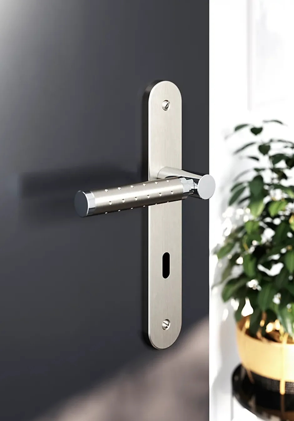 Ensemble poignée sur plaque rond serrure Brigg effet chrome et nickel satin gris L.132mm x l.40mm entraxe 195mm-GoodHome Clearance