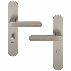 Ensemble poignée sur plaque rond à condamnation Garlan effet nickel satin gris L.125mm x l.42mm entraxe 165-195mm-GoodHome Outlet