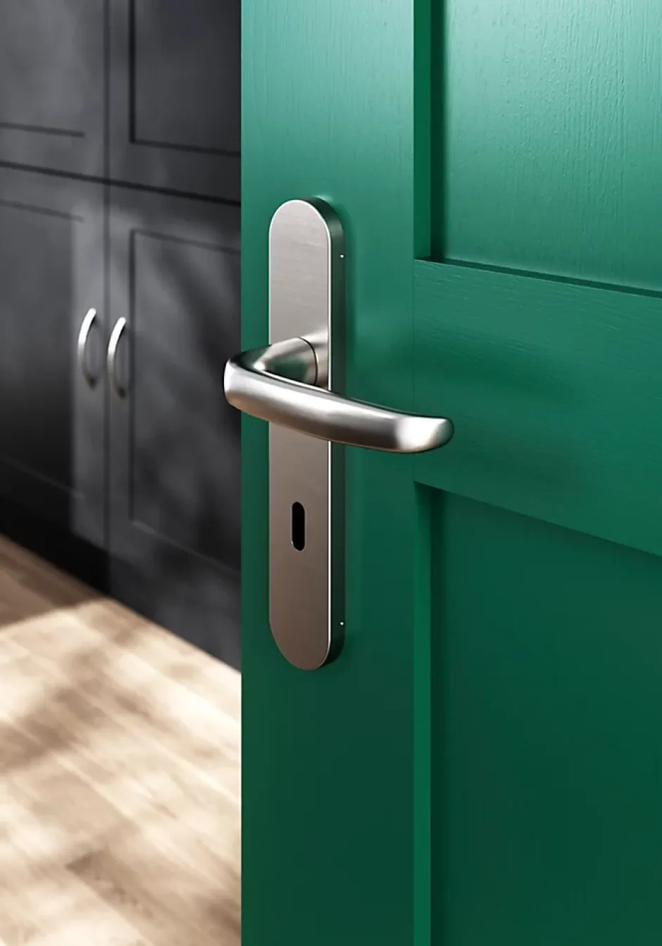 Ensemble poignée sur plaque rond serrure Govlin effet nickel satin gris L.130mm x l.42mm entraxe 165-195mm-GoodHome Discount