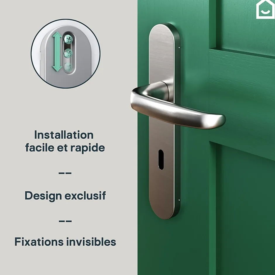 Ensemble poignée sur plaque rond serrure Govlin effet nickel satin gris L.130mm x l.42mm entraxe 165-195mm-GoodHome Discount