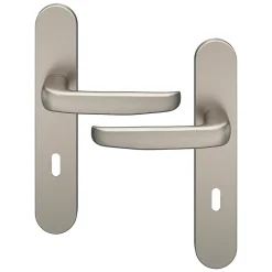 Ensemble poignée sur plaque rond serrure Govlin effet nickel satin gris L.130mm x l.42mm entraxe 165-195mm-GoodHome Discount