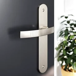 GoodHome Ensemble poignée sur plaque rond Diss effet nickel satin gris L.139mm x l.40mm entraxe 195mm