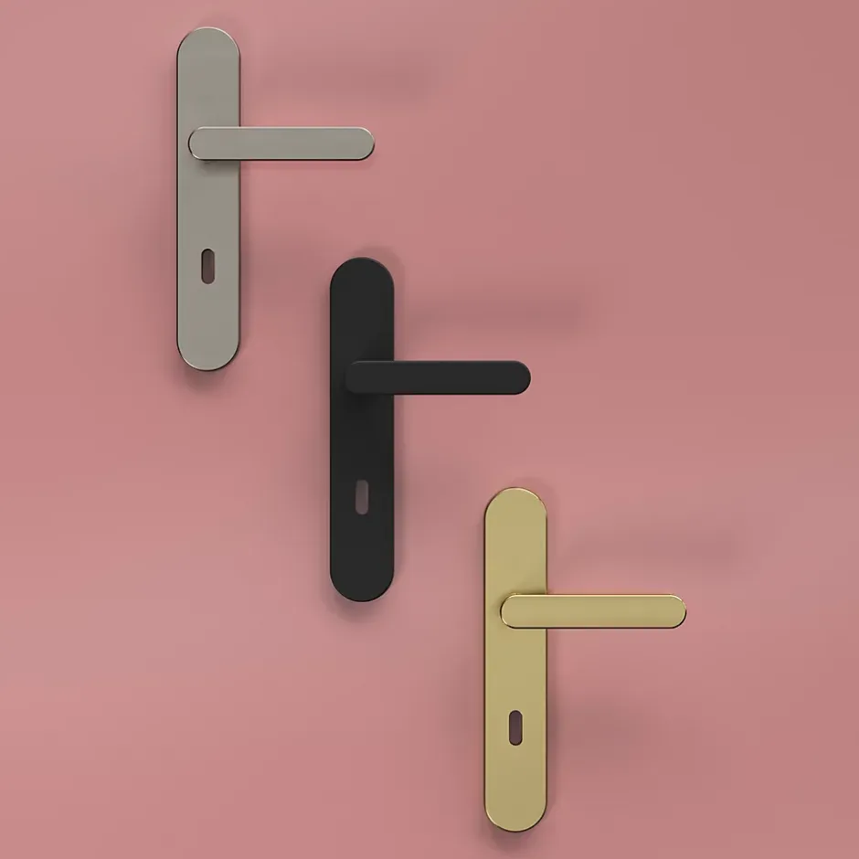 Ensemble poignée sur plaque rond serrure Minzh effet laiton satin doré L.120mm x l.42mm entraxe 165-195mm-GoodHome Hot