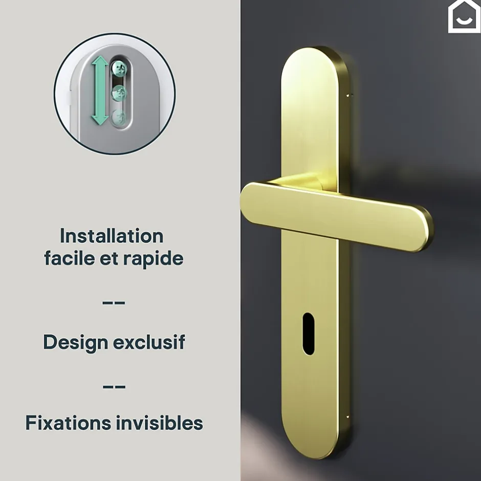 Ensemble poignée sur plaque rond serrure Minzh effet laiton satin doré L.120mm x l.42mm entraxe 165-195mm-GoodHome Hot