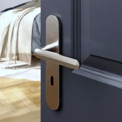 Ensemble poignée sur plaque rond serrure Garlan effet nickel satin gris L.125mm x l.42mm entraxe 165-195mm-GoodHome New