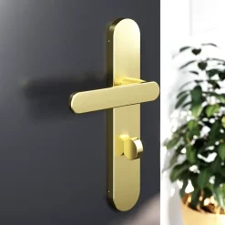 GoodHome Ensemble poignée sur plaque rond à condamnation Minzh effet laiton satin doré L.120mm x l.42mm entraxe 165-195mm