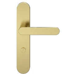 GoodHome Ensemble poignée sur plaque rond à condamnation Minzh effet laiton satin doré L.120mm x l.42mm entraxe 165-195mm