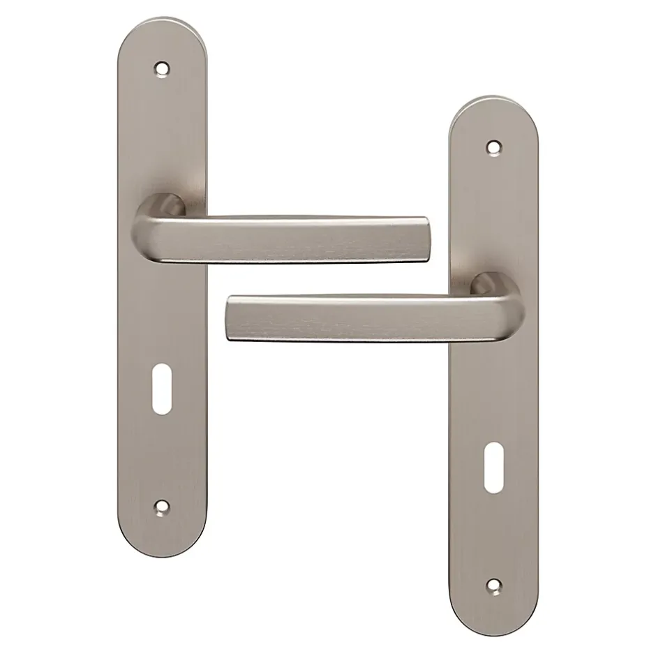 Ensemble poignée sur plaque Incurvé serrure Primel effet nickel satin gris L.126mm x l.40mm entraxe 195mm-GoodHome Hot