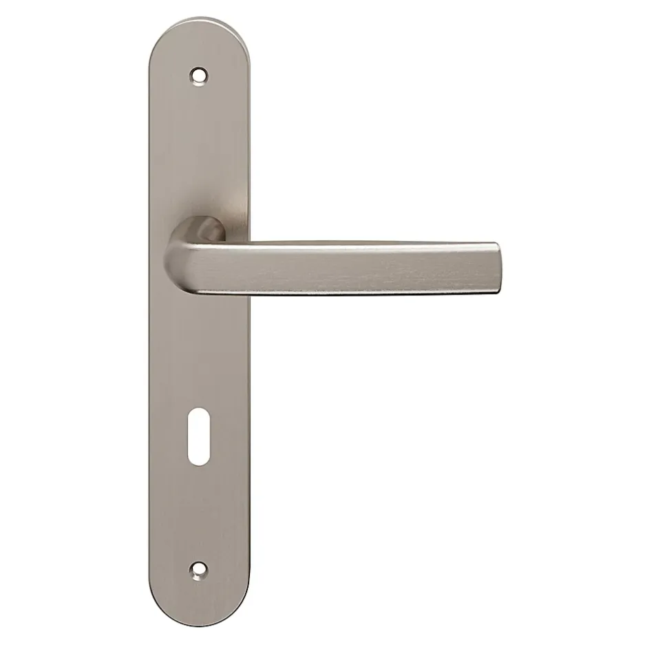 Ensemble poignée sur plaque Incurvé serrure Primel effet nickel satin gris L.126mm x l.40mm entraxe 195mm-GoodHome Hot