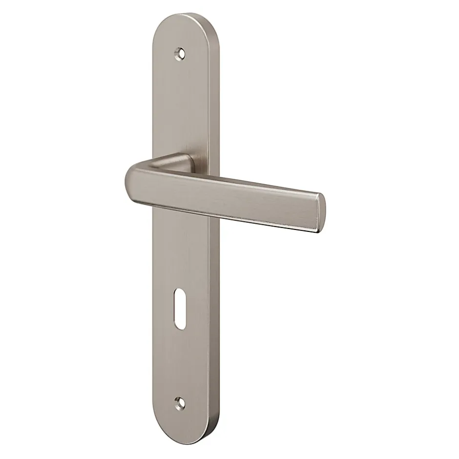 Ensemble poignée sur plaque Incurvé serrure Primel effet nickel satin gris L.126mm x l.40mm entraxe 195mm-GoodHome Hot
