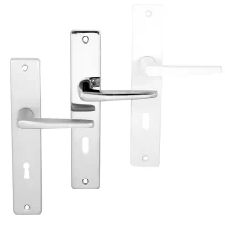 Ensemble poignée sur plaque rectangulaire serrure Colan satin blanc L.106mm x l.39.8mm entraxe 195mm