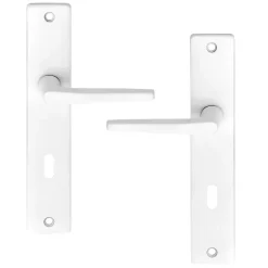 Ensemble poignée sur plaque rectangulaire serrure Colan satin blanc L.106mm x l.39.8mm entraxe 195mm