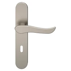 Ensemble poignée sur plaque rond serrure Armel effet nickel satin gris L.130mm x l.42mm entraxe 165-195mm-GoodHome Discount