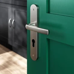 Ensemble poignée sur plaque Incurvé cylindre Primel effet nickel satin gris L.126mm x l.40mm entraxe 195mm-GoodHome Discount