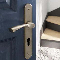 Ensemble poignée sur plaque rondcylindre Breage effet laiton satin doré L.120.5mm x l.40mm entraxe 195mm-GoodHome