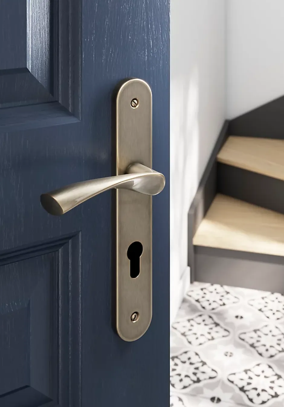 Ensemble poignée sur plaque rondcylindre Breage effet laiton satin doré L.120.5mm x l.40mm entraxe 195mm-GoodHome