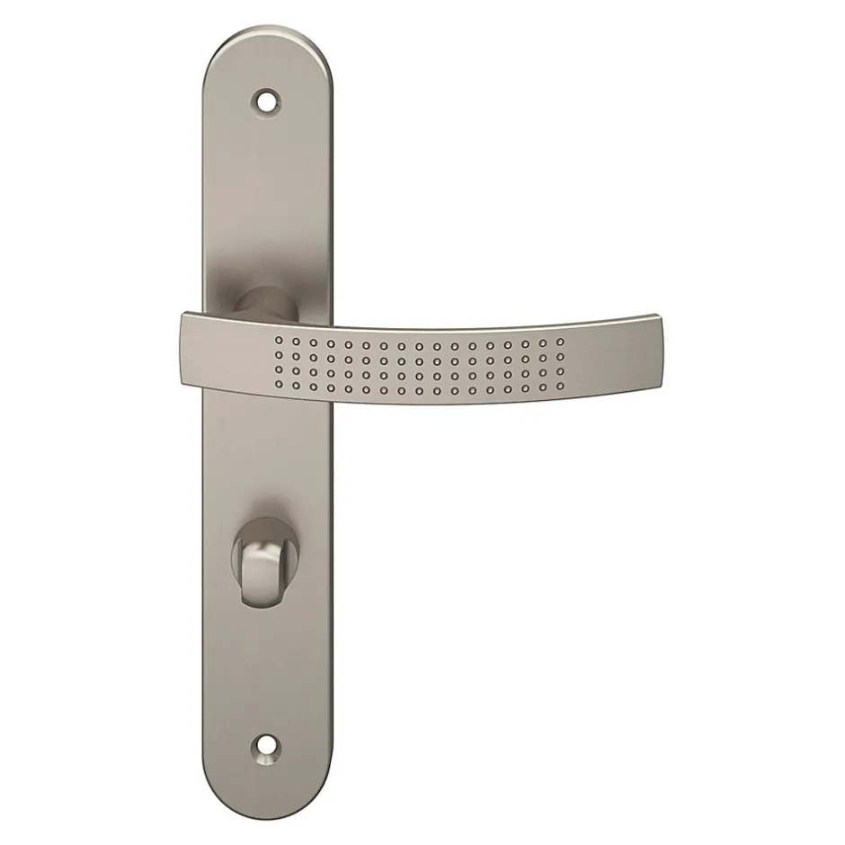 GoodHome Ensemble poignée sur plaque rond à condamnation Diss effet nickel satin gris L.139mm x l.40mm entraxe 195mm