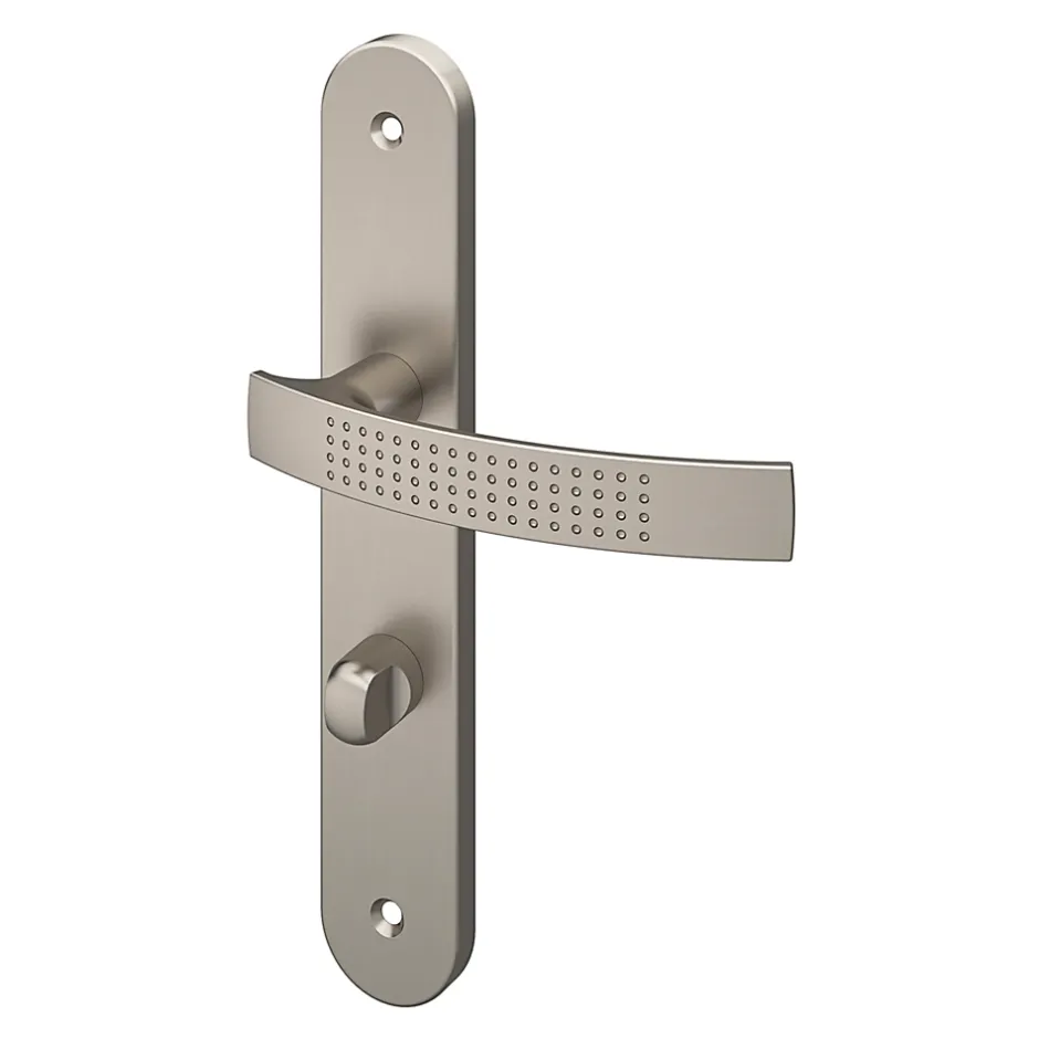 GoodHome Ensemble poignée sur plaque rond à condamnation Diss effet nickel satin gris L.139mm x l.40mm entraxe 195mm