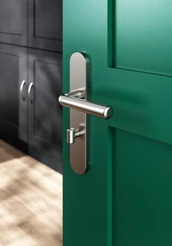 GoodHome Ensemble poignée sur plaque rond à condamnation Dizel effet nickel satin gris L.121.5mm x l.42mm entraxe 165-195mm