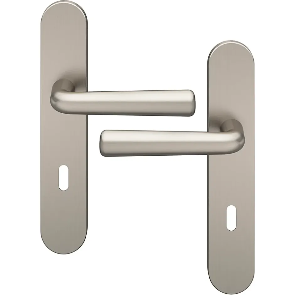 Ensemble poignée sur plaque rond serrure Dizel effet nickel satin gris L.121.5mm x l.42mm entraxe 165-195mm-GoodHome Discount