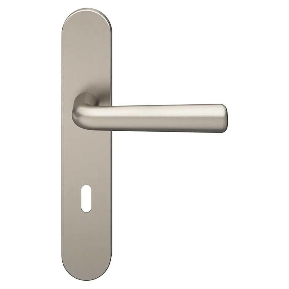 Ensemble poignée sur plaque rond serrure Dizel effet nickel satin gris L.121.5mm x l.42mm entraxe 165-195mm-GoodHome Discount