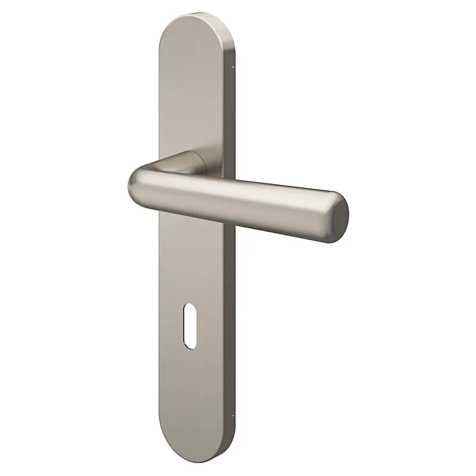 Ensemble poignée sur plaque rond serrure Dizel effet nickel satin gris L.121.5mm x l.42mm entraxe 165-195mm-GoodHome Discount