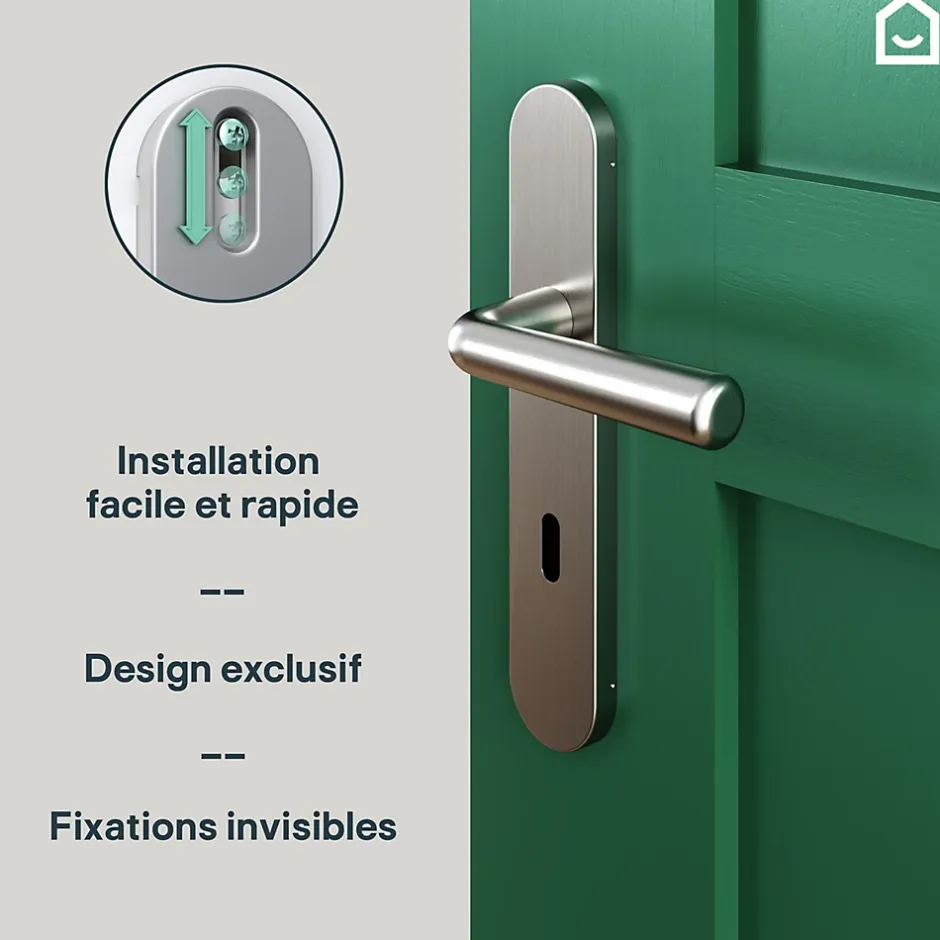 Ensemble poignée sur plaque rond serrure Dizel effet nickel satin gris L.121.5mm x l.42mm entraxe 165-195mm-GoodHome Discount