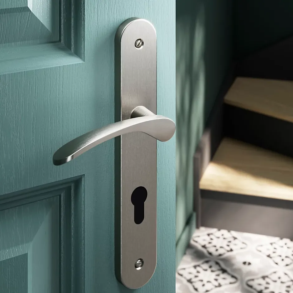 Ensemble poignée sur plaque rondcylindre Beare effet nickel satin gris L.110.5mm x l.40mm entraxe 195mm-GoodHome Sale