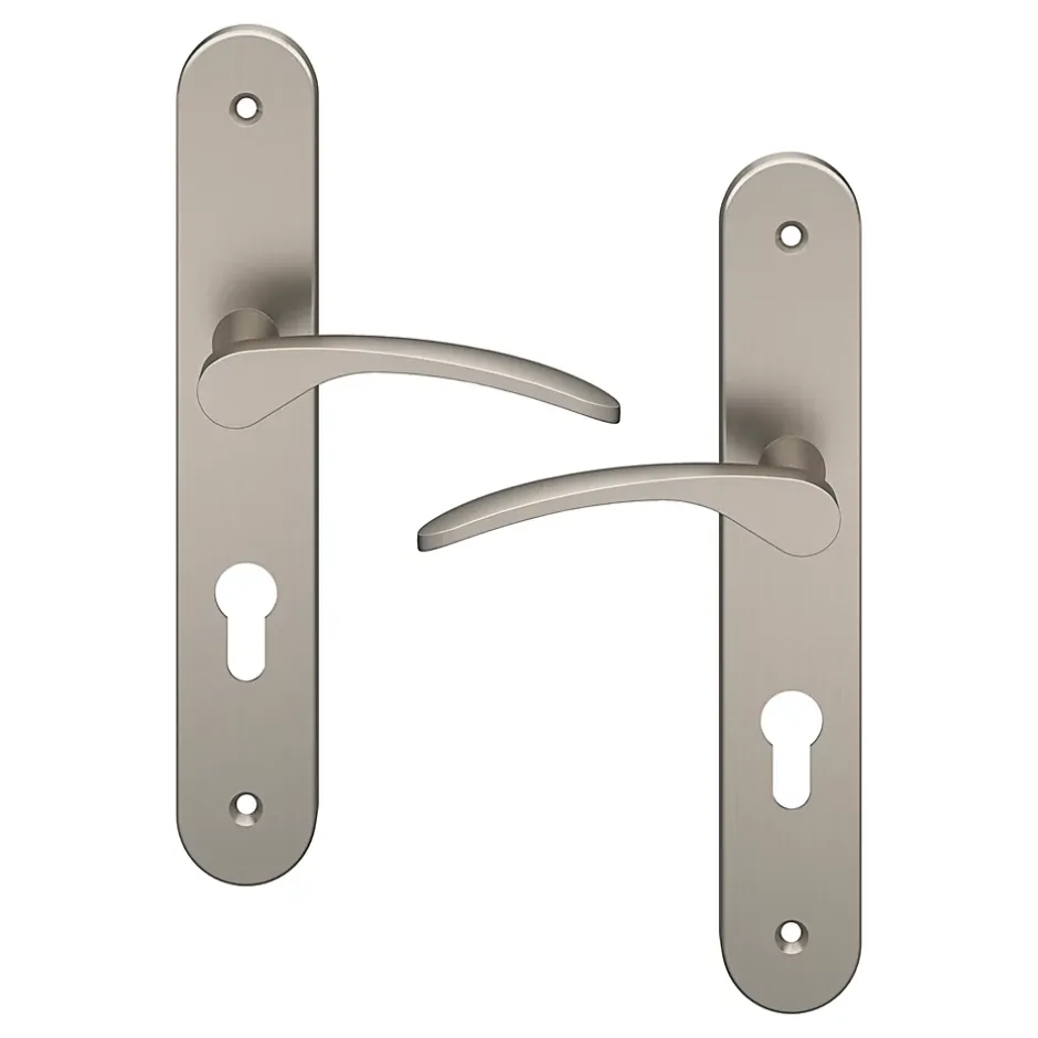 Ensemble poignée sur plaque rondcylindre Beare effet nickel satin gris L.110.5mm x l.40mm entraxe 195mm-GoodHome Sale