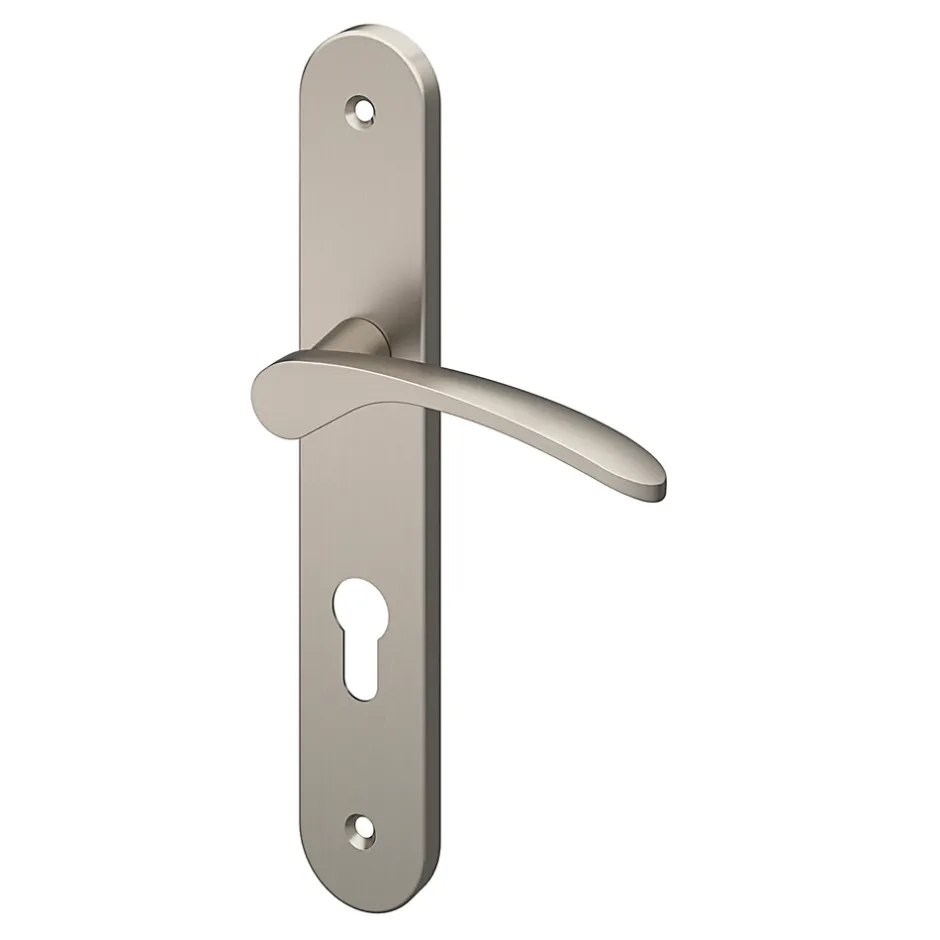 Ensemble poignée sur plaque rondcylindre Beare effet nickel satin gris L.110.5mm x l.40mm entraxe 195mm-GoodHome Sale