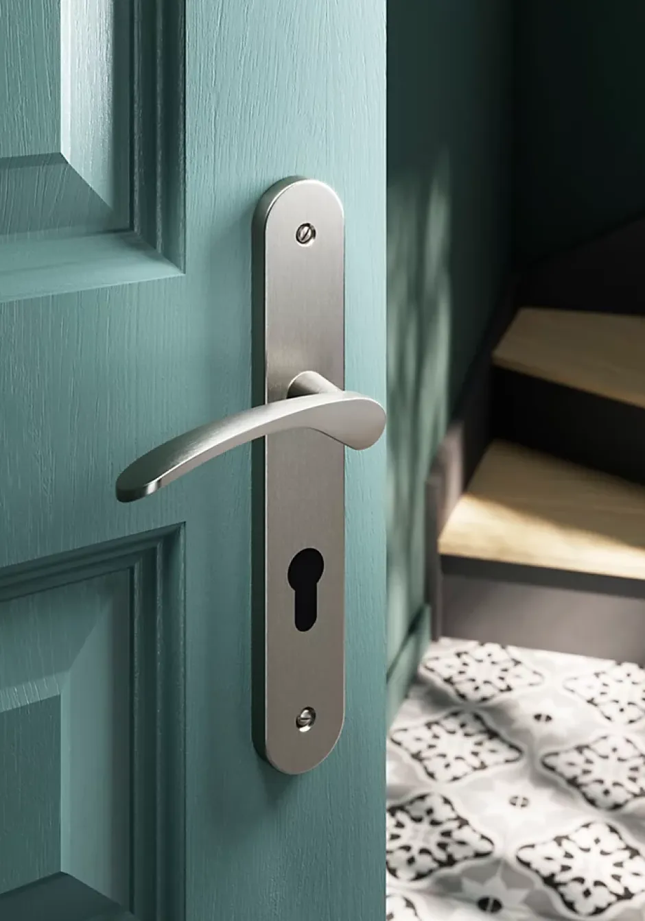 Ensemble poignée sur plaque rondcylindre Beare effet nickel satin gris L.110.5mm x l.40mm entraxe 195mm-GoodHome Sale