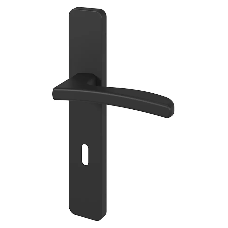 Ensemble poignée sur plaque rectangulaire serrure Irvil effet nickel mat noir L.126.5mm x l.42mm entraxe 165-195mm-GoodHome New