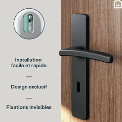 Ensemble poignée sur plaque rectangulaire serrure Irvil effet nickel mat noir L.126.5mm x l.42mm entraxe 165-195mm-GoodHome New