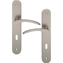 GoodHome Ensemble poignée sur plaque rond serrure Beare effet nickel satin gris L.110.5mm x l.40mm entraxe 195mm