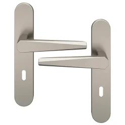 Ensemble poignée sur plaque rond serrure Keri effet nickel satin gris L.140mm x l.42mm entraxe 165-195mm-GoodHome New