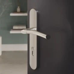 GoodHome Ensemble poignée sur plaque extérieur rond cylindre Hirel effet nickel satin gris chromé L.128mm x l.40mm entraxe 195mm