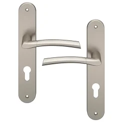 GoodHome Ensemble poignée sur plaque extérieur rond cylindre Hirel effet nickel satin gris chromé L.128mm x l.40mm entraxe 195mm