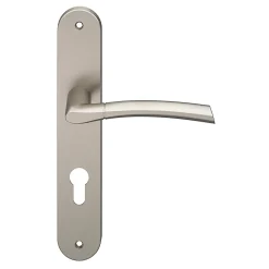 GoodHome Ensemble poignée sur plaque extérieur rond cylindre Hirel effet nickel satin gris chromé L.128mm x l.40mm entraxe 195mm