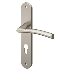 GoodHome Ensemble poignée sur plaque extérieur rond cylindre Hirel effet nickel satin gris chromé L.128mm x l.40mm entraxe 195mm