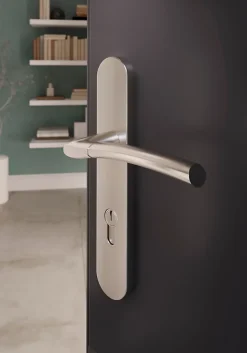 GoodHome Ensemble poignée sur plaque extérieur rond cylindre Hirel effet nickel satin gris chromé L.128mm x l.40mm entraxe 195mm