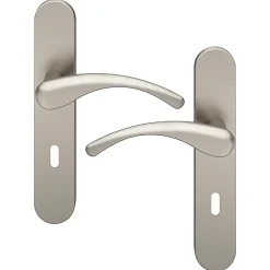 GoodHome Ensemble poignée sur plaque rond serrure Ruis effet nickel satin gris L.138.5mm x l.42mm entraxe 165-195mm