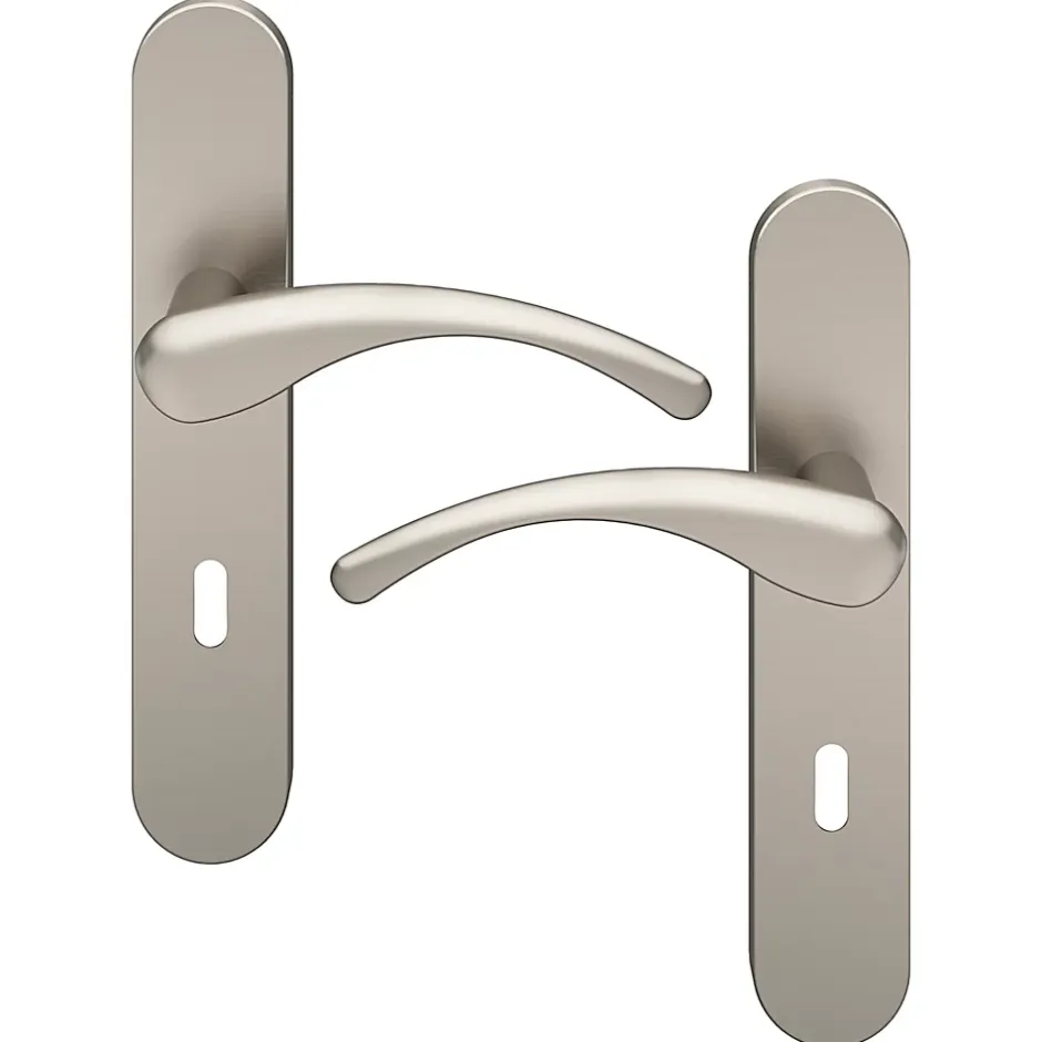GoodHome Ensemble poignée sur plaque rond serrure Ruis effet nickel satin gris L.138.5mm x l.42mm entraxe 165-195mm
