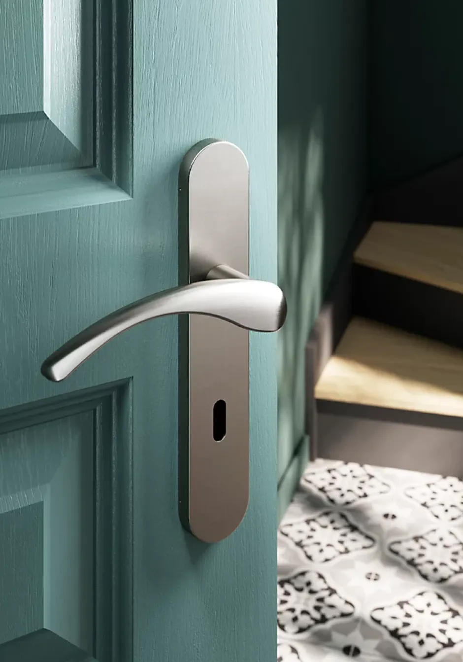 GoodHome Ensemble poignée sur plaque rond serrure Ruis effet nickel satin gris L.138.5mm x l.42mm entraxe 165-195mm