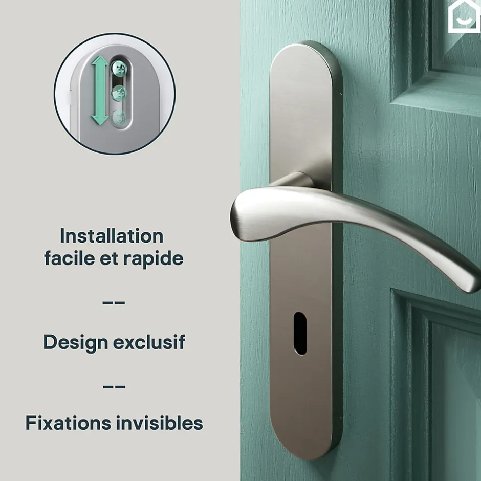 GoodHome Ensemble poignée sur plaque rond serrure Ruis effet nickel satin gris L.138.5mm x l.42mm entraxe 165-195mm