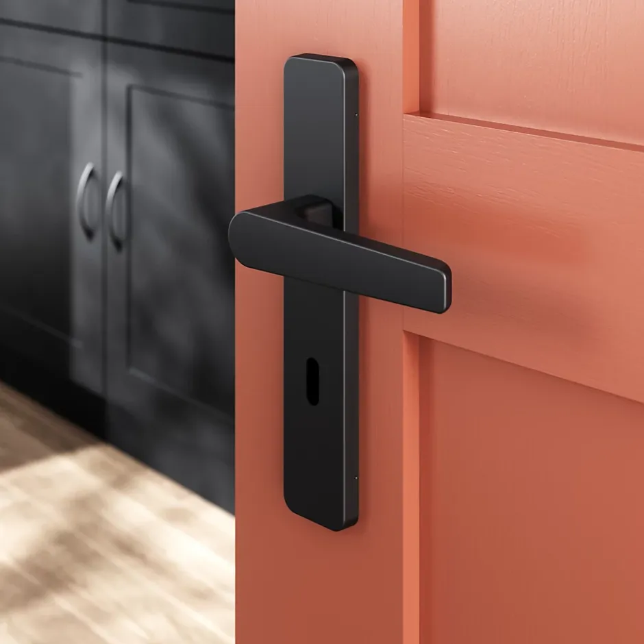 Ensemble poignée sur plaque rectangulaire serrure Kerver effet nickel mat noir L.128mm x l.42mm entraxe 165-195mm-GoodHome Best