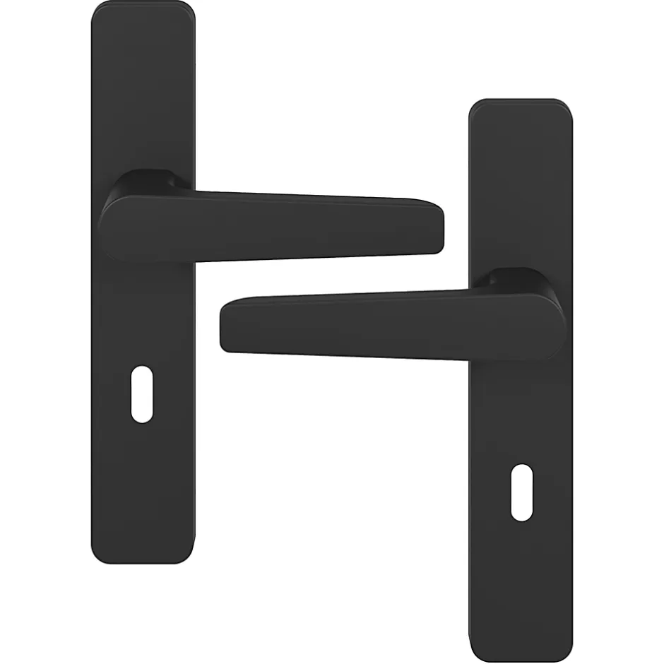 Ensemble poignée sur plaque rectangulaire serrure Kerver effet nickel mat noir L.128mm x l.42mm entraxe 165-195mm-GoodHome Best